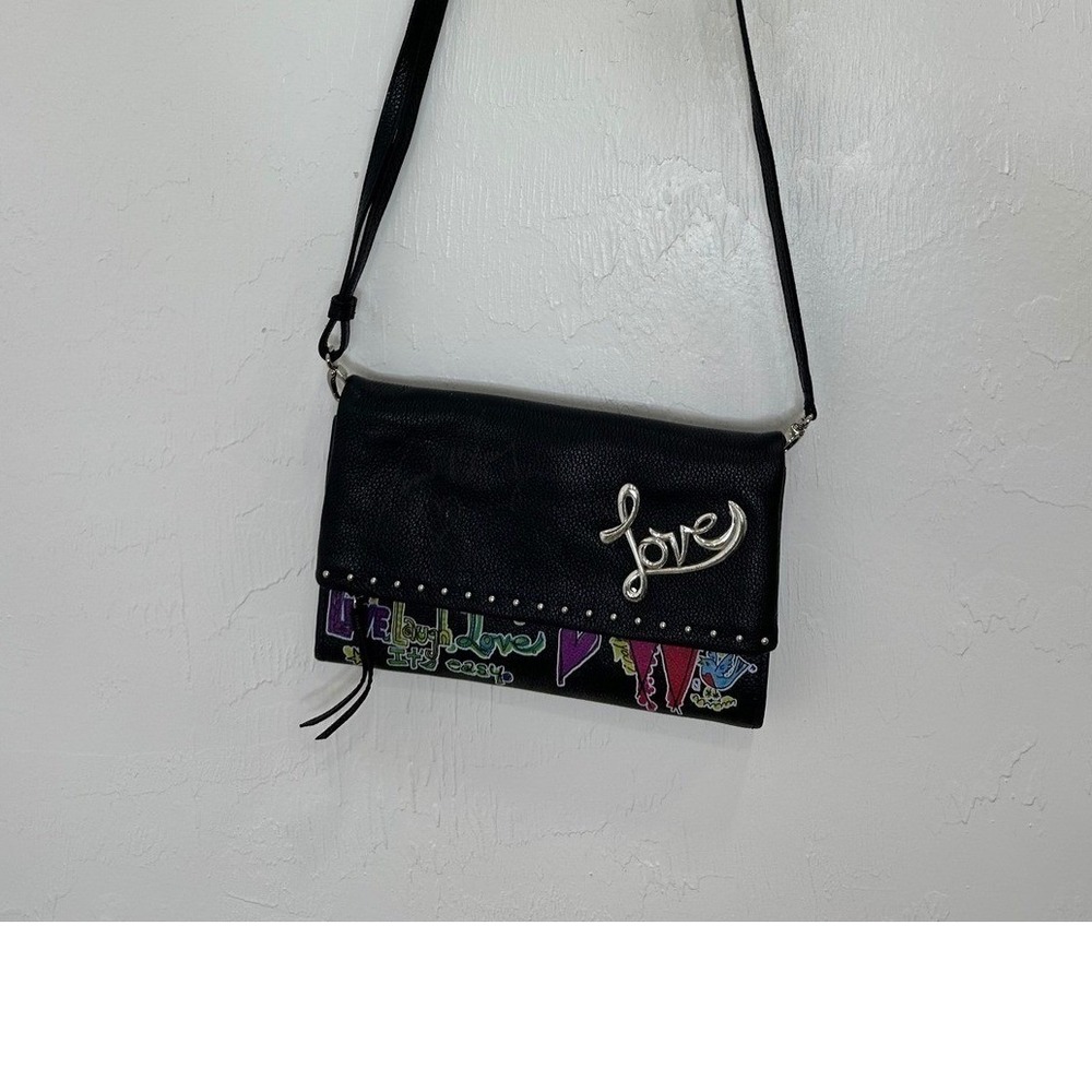 Brighton Crossbody Wallet Bag Women Black Good Graffiti Love Hearts Organizer